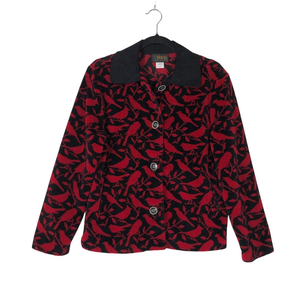 Vintage‎ David Paul NY Womens Bird Printed Fleece Collared Coat Small Novelty